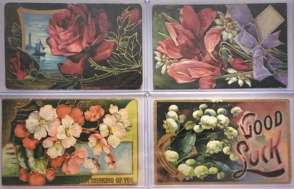 Lot Of Four Vintage Antique Embossed Postcards Flowers Good Luck
